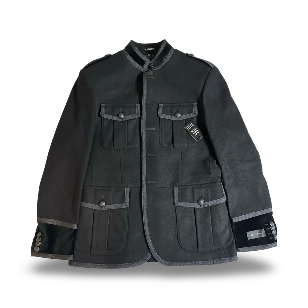 Express Slim Velvet Military Aviator Jacket Men's Black Button Velour new